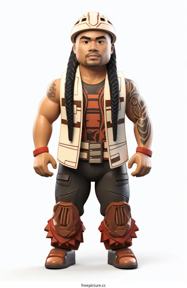 Polynesian warrior in traditional dress and body armor