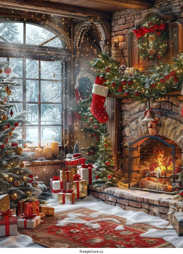 Cozy Christmas Tree Nestled by the Fireplace