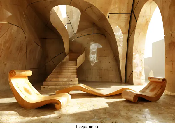 Abstract Interior Design With Curved Wooden Furniture And Staircase