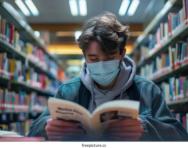 Young male student wearing a mask reading a book in the library