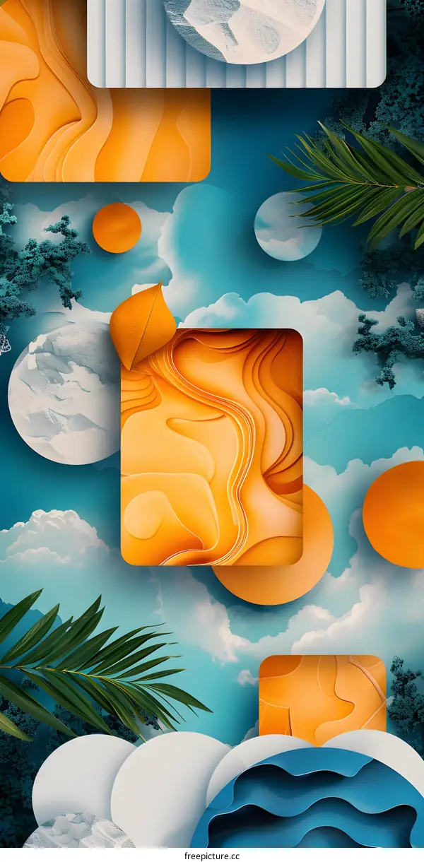 Abstract 3D Paper Art Background with Palm Leaves and Clouds