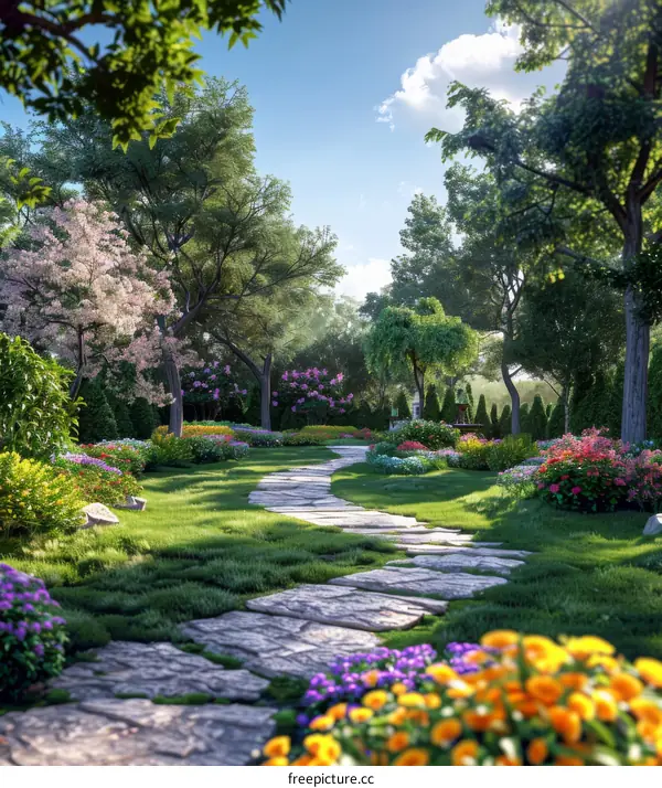 Stone Path Through Lush Garden