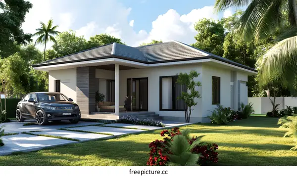 Modern House Design with Palm Trees and Green Lawn