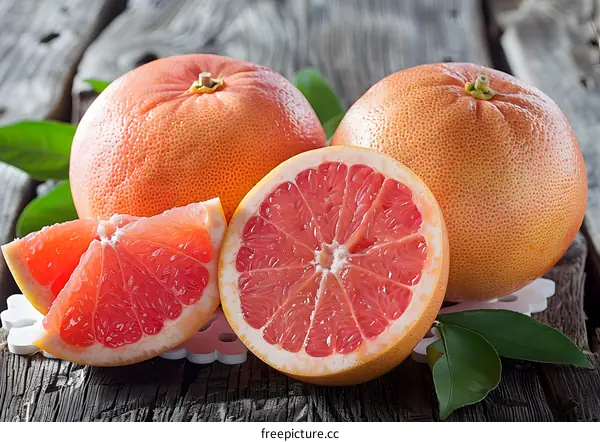Fresh Ripe Grapefruit On Wooden Table