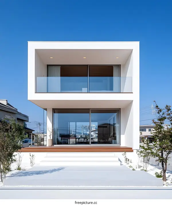 Modern White House with Glass Balcony and Wooden Deck