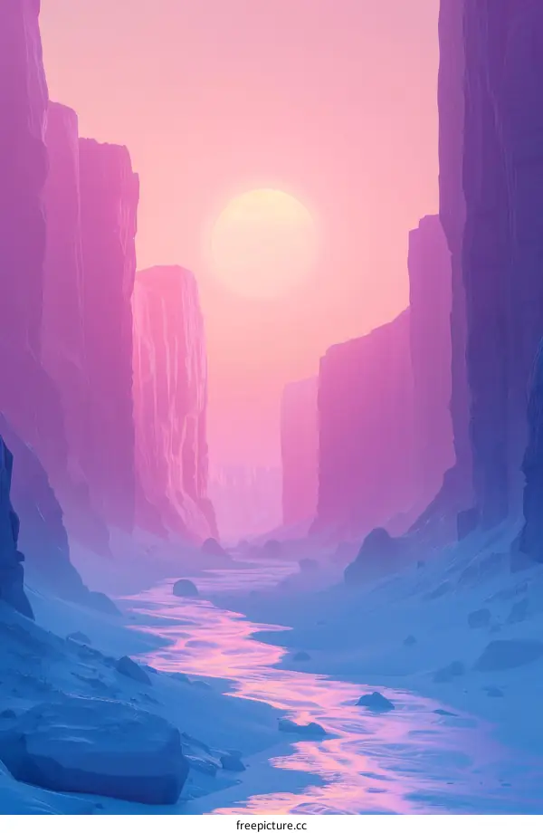 Pink canyon landscape with a river running through it