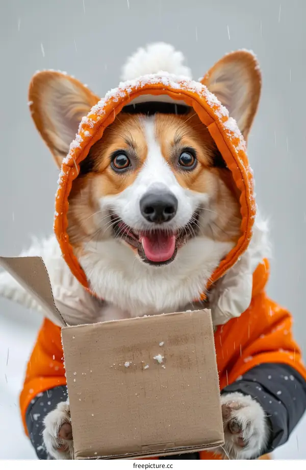 Cute Dog in Orange Jacket Holding a Box in the Snow