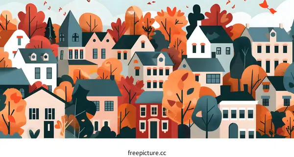 Autumn Village Houses Illustration