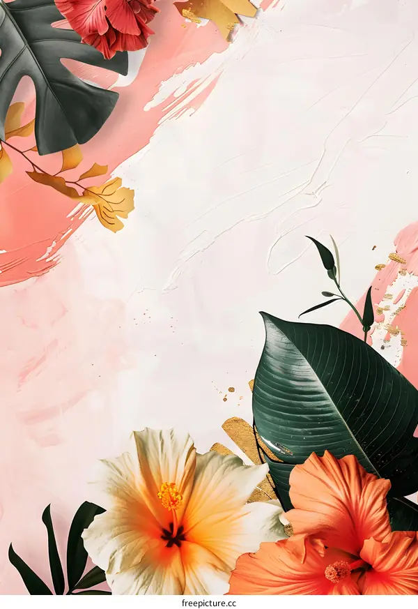 Tropical Floral Background With Pink and White Paint Texture