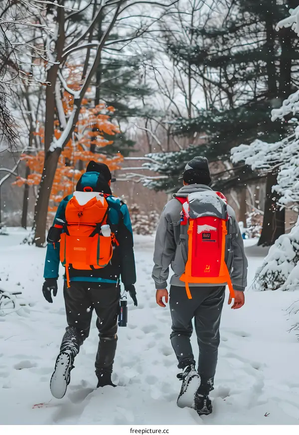 Two People Hiking In The Snow Covered Forest