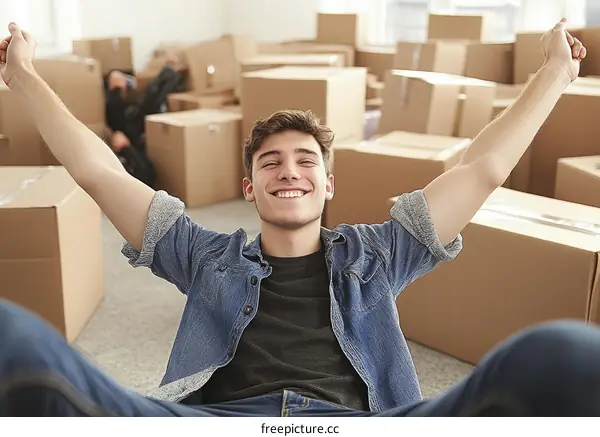 Happy Young Man Relaxing Amidst Moving Boxes