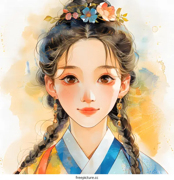 Beautiful Asian Woman in Traditional Korean Hanbok Dress with Flowers in Her Hair