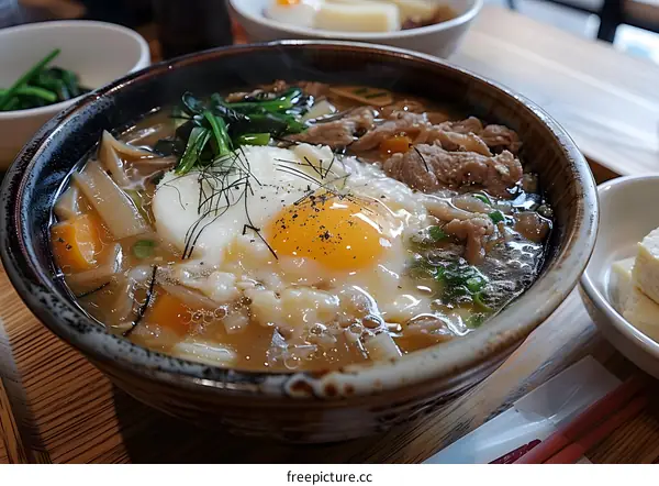 Steaming Bowl of Japanese Ramen Noodles with Egg and Beef