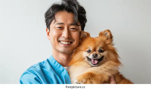 Asian veterinarian smiling with a Pomeranian dog