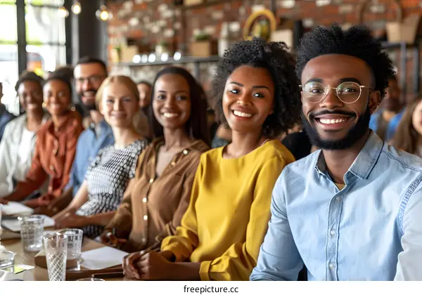 Diverse Group of People Smiling and Looking at Camera in a Cafe Setting