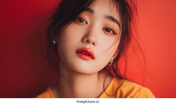 Close up Portrait of an Asian Woman with Red Lipstick