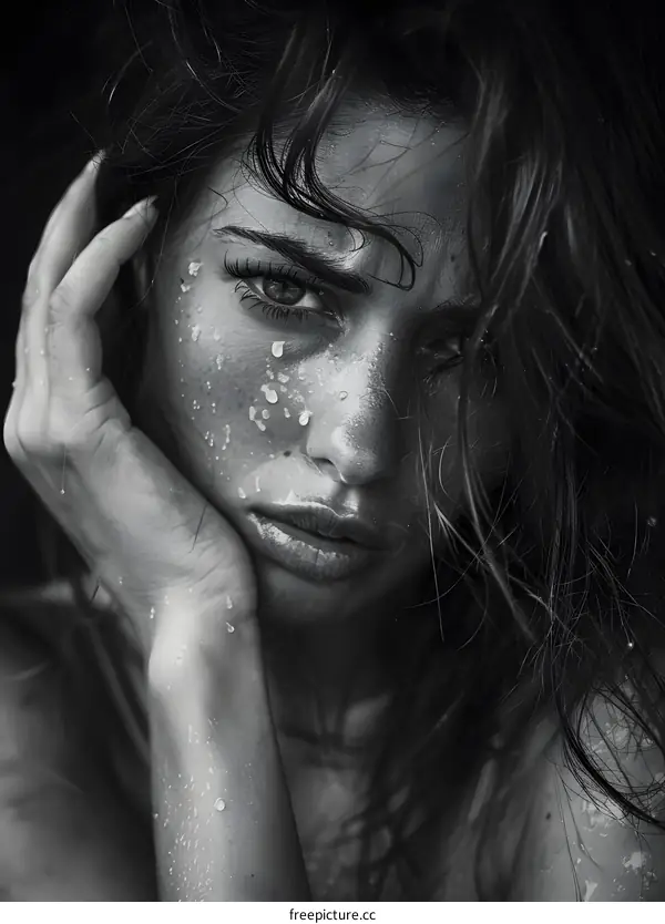 Portrait of a young woman with water on her face