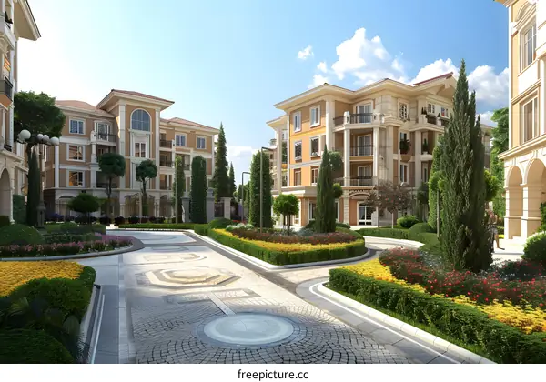 European style residential buildings with beautiful flower garden
