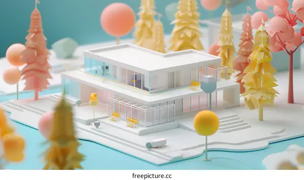 Minimalist 3D Rendering of a Modern House in a Forest