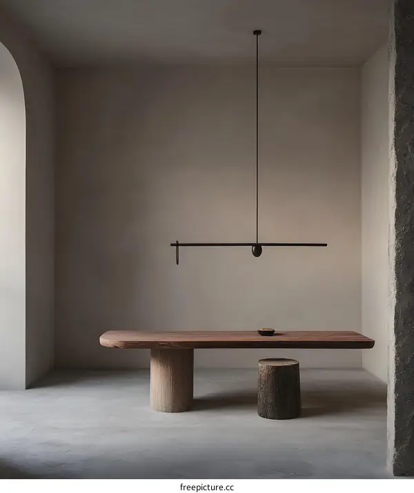 Minimalist Interior Design with Wooden Table and Black Ceiling Light