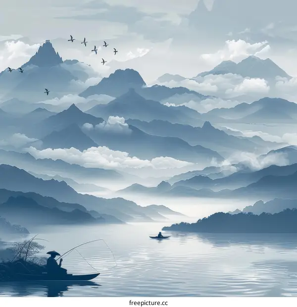Serene Mountain Landscape with Fishermen on a Boat