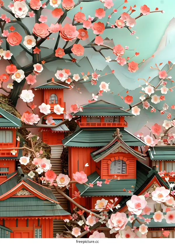 Japanese Village in Spring Bloom