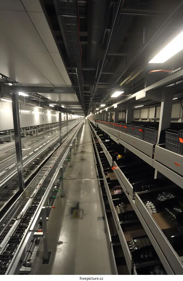 Automated Warehouse Storage System with Conveyor Belts and Shelves