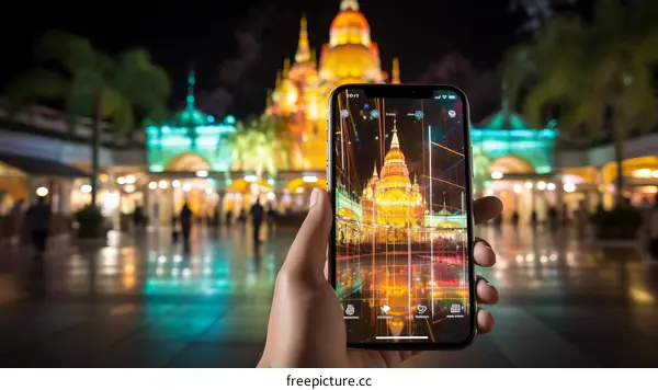 A hand holding a phone in front of a colorful building at night