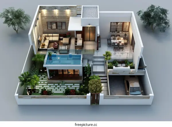 Modern House Plan with Rooftop Pool and Garden Design