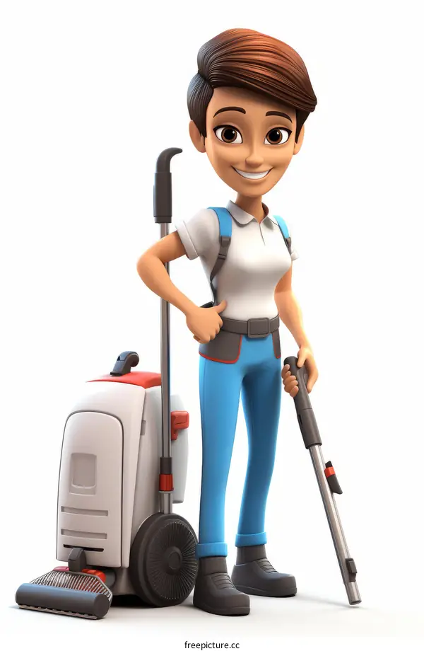 A 3D illustration of a female cleaner with a vacuum cleaner
