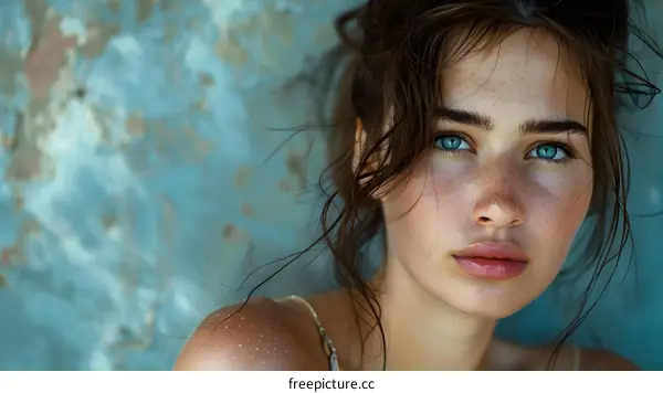 portrait of a young woman with freckles and blue eyes