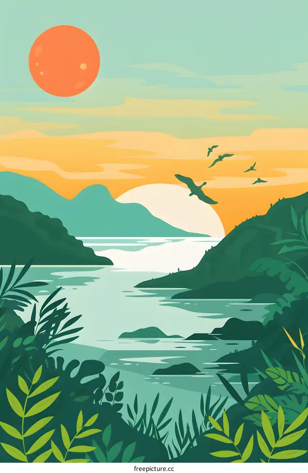 Sunset Landscape with Birds Flying Over Mountains and a Lake