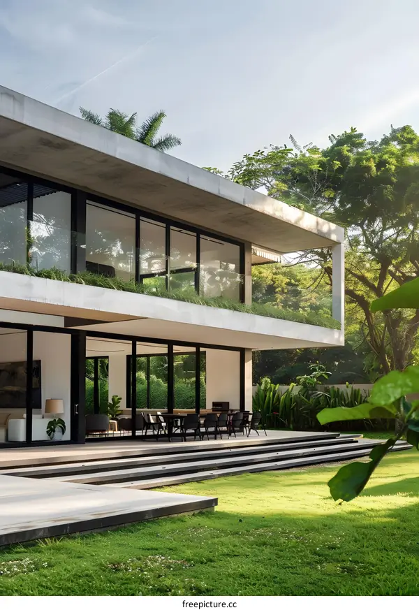 Modern Concrete House with Green Roof and Large Windows