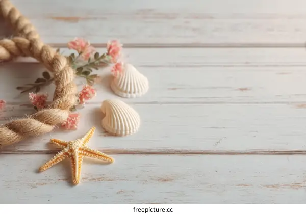 Coastal Decor on White Wooden Background