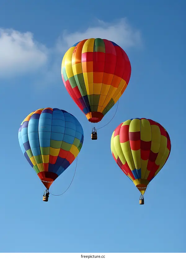 Three Colorful Hot Air Balloons Flying in Blue Sky