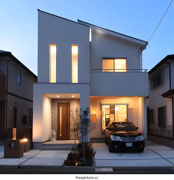 Modern Two Storey House with a  White Facade and a  Car in the Driveway