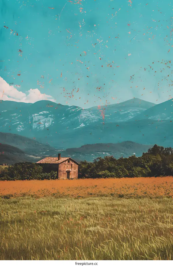 Vintage Styled Photo of a Small House in a Field with Mountains in the Background