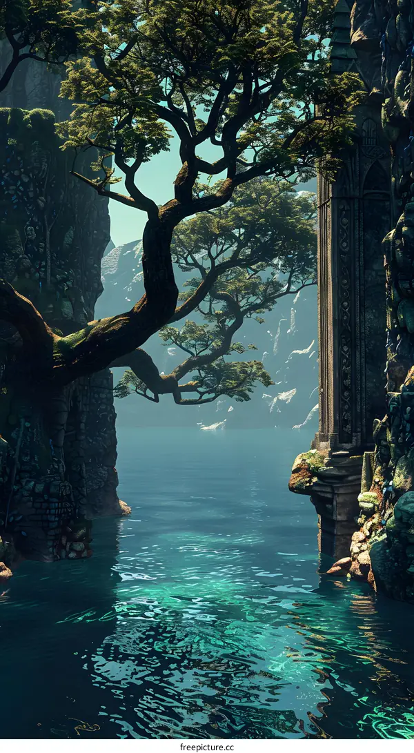 Fantasy Landscape with Ancient Ruins and Lush Tree