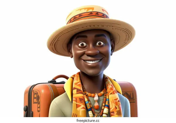 Happy African Man Wearing Safari Hat And Carrying Luggage