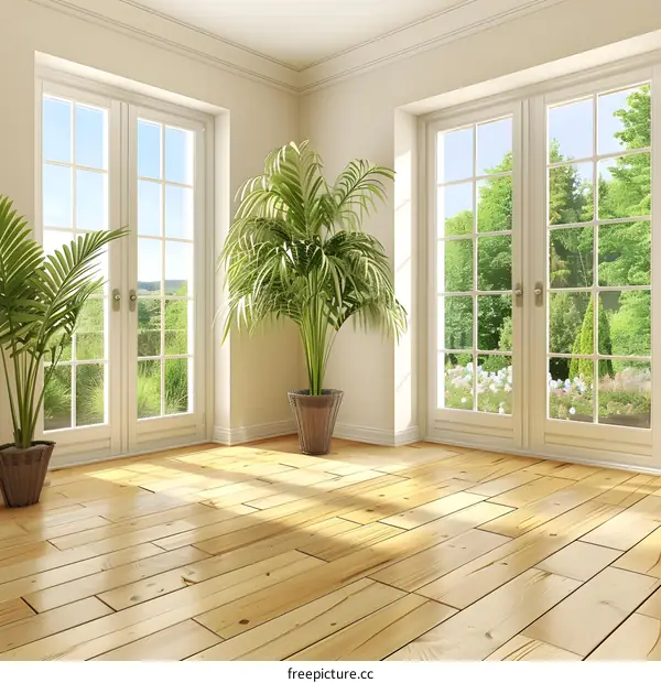 Empty Room with Large Windows and Wooden Floors