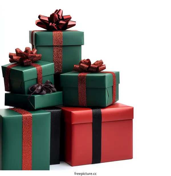 Stacked Christmas Gift Boxes with Red and Green Ribbons