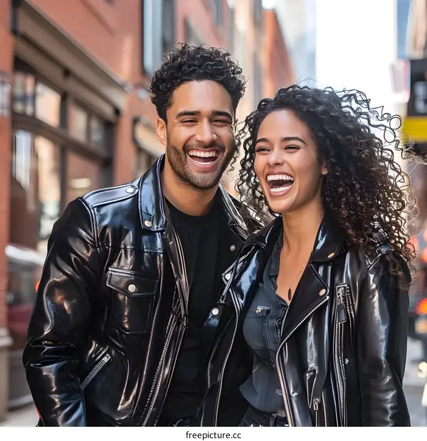 Couple in Black Leather Jackets Smiling in the City
