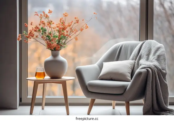 Cozy Living Room with Armchair, Table, and Flowers by Window
