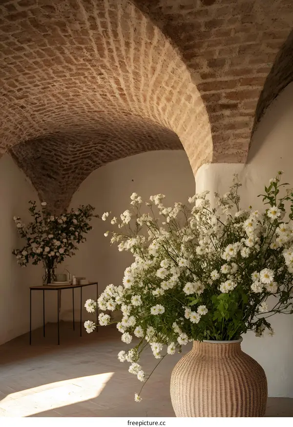 White Flowers In A Wicker Vase Underneath A Brick Archway