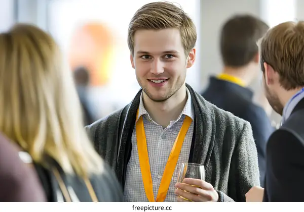Man in a Grey Sweater and Orange Lanyard Holds a Glass of Wine