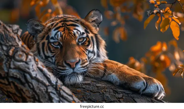 A tiger is resting on a tree branch in the middle of a forest