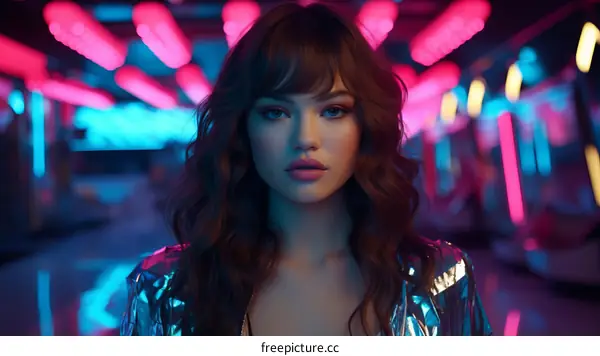 Portrait of a Young Woman with Brown Hair and Blue Eyes in Front of a Neon Background