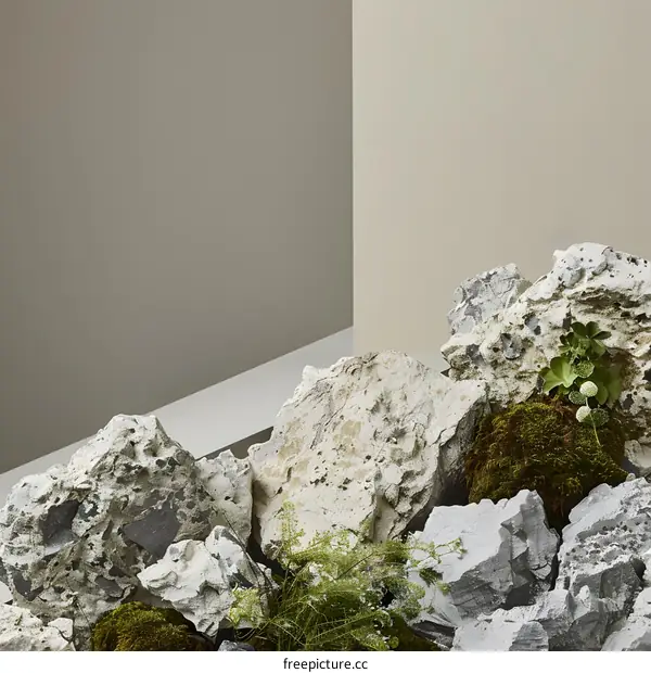 Stone and Plant Still Life with Minimalist Background