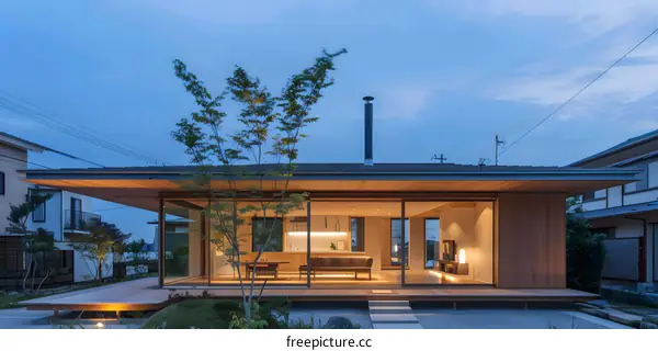 Modern Japanese House with Wooden Deck and Large Windows