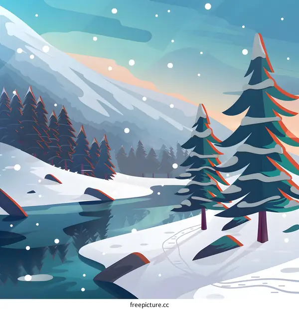 Snowy Mountain Landscape with River and Pine Trees